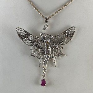 Whimsical Sterling Silver Faerie (Fairy) with Blood Red Ruby Drop Necklace